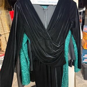 Emporio Armani Black Velvet Long-Sleeve Wrap Dress with Teal Accent